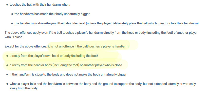 Let's look at the wording of Law 12, and get into the nuance of its interpretation in practice, as FIFA/the IFAB intends. You can see why people are struggling to understand it.The highlighted text seems to suggest it's impossible for handball from a deflection.