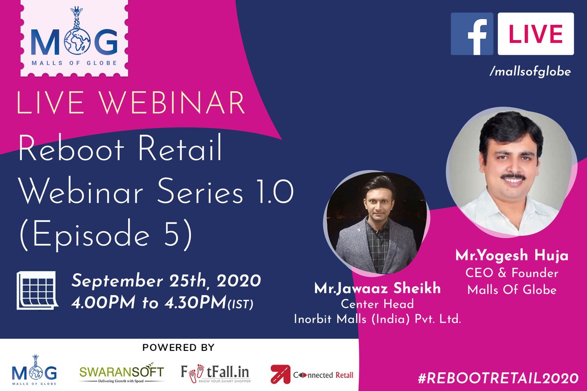 mallsofglobe's tweet photo. Retail Reboot Webinar Series 1.0 [ Episode 5]

Mr.Yogesh Huja, CEO &amp; Founder, Malls Of Globe

Mr.Jawaaz Sheikh, Center Head at Inorbit Malls (India) Pvt. Ltd.

#Retail #RetailMatters #retailer #brand #onlineretail #coronavirus #shoppingmall #retailstores #Retailshop https://t.co/lCSDS6ZgF8