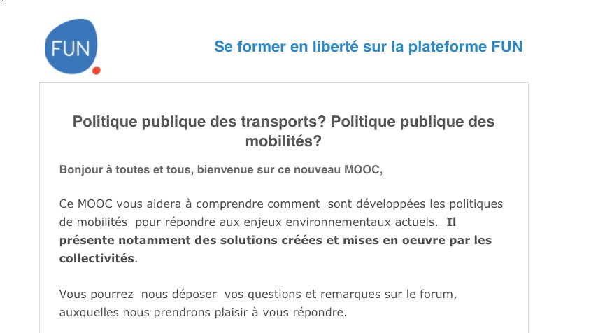 JulieCathala's tweet photo. Et pour prolonger la semaine européenne de la mobilité #SEM2020 ➡️ c'est parti pour le MOOC piloté par le @cnfpt "Politique publique des #transports ? Politique publique des #mobilités ?"
 
Inscription jusqu'au 20/11 sur la plateforme FUN : https://t.co/iyuuScOPHn https://t.co/WObXmWtaAn