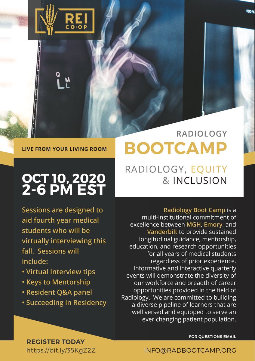 Jesse Conyers, MD, MBA (@jesse_conyers) on Twitter photo ⭐️ RADIOLOGY BOOTCAMP for #MedStudentTwitter!
Join us on Oct 10th for the 1st REI Bootcamp, a joint project w/ @EmoryRadiology @VUMCradiology <a href="/MGHImaging/">Mass General Imaging</a>
This series is all about empowering YOU, diverse students, to consider and succeed in #Radiology! 🤩
bit.ly/35KgZ2Z ⭐️ RADIOLOGY BOOTCAMP for #MedStudentTwitter!
Join us on Oct 10th for the 1st REI Bootcamp, a joint project w/ @EmoryRadiology @VUMCradiology <a href="/MGHImaging/">Mass General Imaging</a>
This series is all about empowering YOU, diverse students, to consider and succeed in #Radiology! 🤩
bit.ly/35KgZ2Z