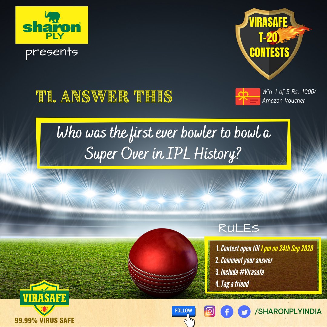 SharonPlyIndia's tweet photo. VIRASAFE T20 contests from Sharon Ply
T1 – Answer the question with a comment and stand a chance to win 1 of 5 Rs 1000/- @AmazonIN gift voucher 
Remember to add #VIRASAFE and tag a friend. 
Contest is open till 1 pm on 24th Sep 2020.
@india4contests https://t.co/jUsyG2yAw1