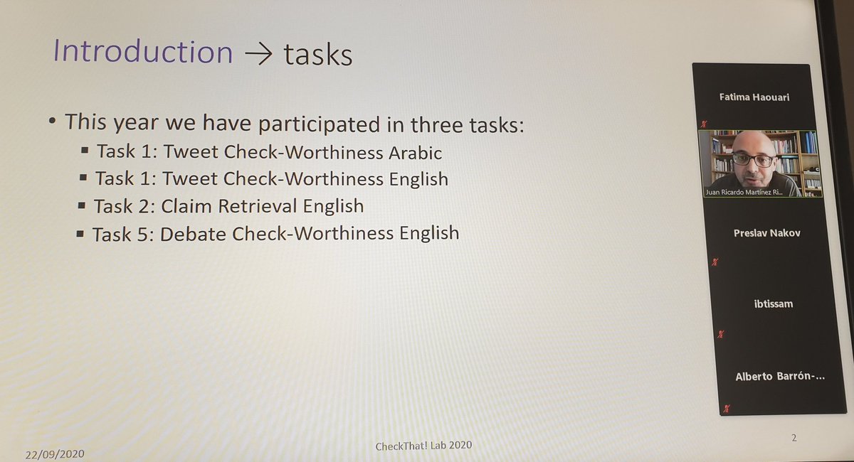 bigIR_group's tweet image. NLP&amp;amp;IR@UNED are presenting their participation in task1, task2, and task5 of #checkthat2020 lab at @clef_initiative. They adopted neural networks and graphs to solve the problems. #CLEF2020