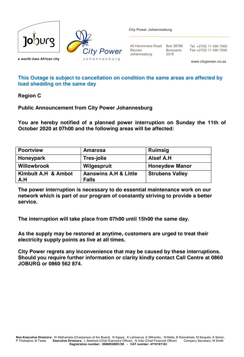 CityPowerJhb's tweet photo. #plannedOutage #peterRoad
Region C
Be notified of a planned outage scheduled for Sunday the 11th of October 2020 from 07h00.

See attached for more information. ^NN https://t.co/JMcBoDjvGk