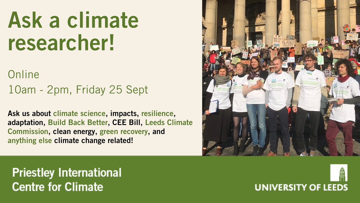 PriestleyCentre's tweet photo. This Friday researchers from @UniversityLeeds will be online for the next global climate strike, answering any questions you have about climate change. 🤔

Hope you can join us!

#FridaysForFuture https://t.co/y6kIabN2b7