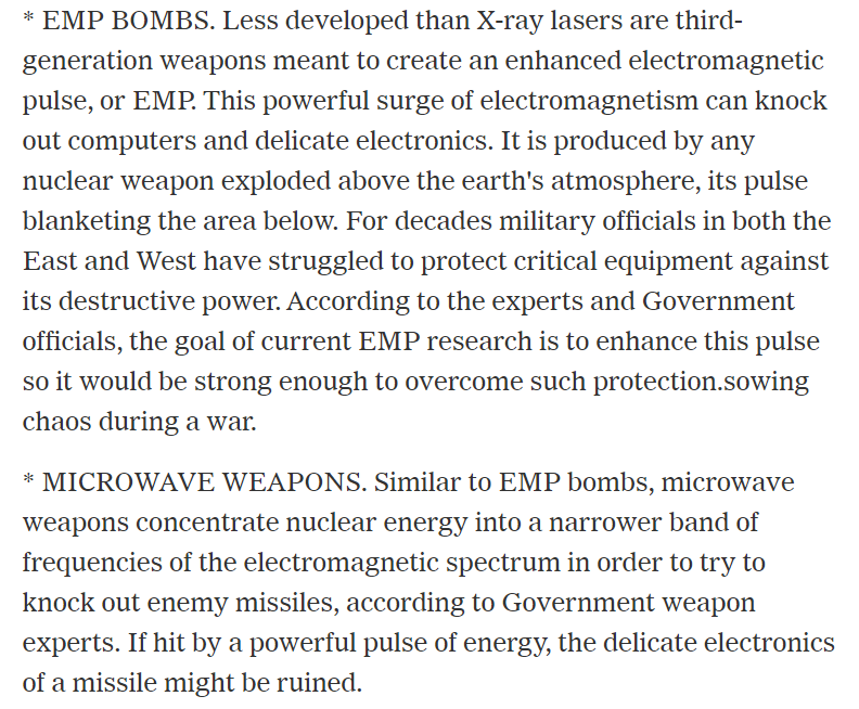 1985 NYTimes most thorough review of 3rd-gen nukes (the one article that mentioned RRRs!) including DEWs; X-ray & gamma-ray lasers; EMP, antimatter & brain bombs; microwave & particle beam weapons. DOE now testing X-ray lasers & other 3rd-gen weapons.35/ https://www.nytimes.com/1985/07/16/science/40-years-ago-the-bomb-the-questions-came-later.html