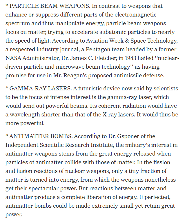 1985 NYTimes most thorough review of 3rd-gen nukes (the one article that mentioned RRRs!) including DEWs; X-ray & gamma-ray lasers; EMP, antimatter & brain bombs; microwave & particle beam weapons. DOE now testing X-ray lasers & other 3rd-gen weapons.35/ https://www.nytimes.com/1985/07/16/science/40-years-ago-the-bomb-the-questions-came-later.html