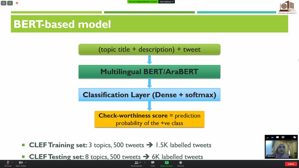 _albarron_'s tweet image. Closing the 2nd session of #checkthat2020, @bigIR_group. They aimed at analysing how useful is mBERT compared to AraBERT. AraBERT is better, confirming the findings of the top-performing team Accenture.  According to Maram, AraBERT is better mostly because it includes news