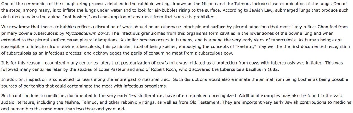 335) “Deuteronomy 12:21 states ‘Thou shalt slaughter of thy herd… as I have commanded…’One of the ceremonies of the slaughtering process, detailed in the rabbinic writings known as the Mishna and the Talmud, include close examination of the lungs.”