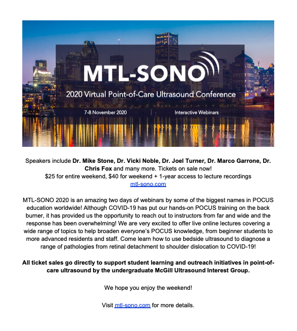 MunPocus's tweet photo. Hey everyone! Check out this cool opportunity - MTL-SONO 2020 - a two day PoCUS Webinar! For further information go to their website https://t.co/b4QOi0zAgZ https://t.co/Yn0RKxMYfZ