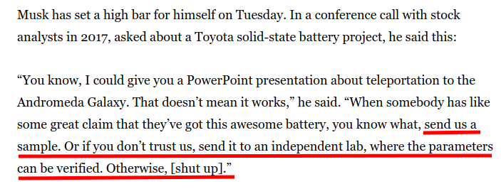 Batteries will get better & cheaper. But those who have been paying attention know "battery breakthrough" almost never amount to anything.Talk is cheap. Just show us the goods, as Musk himself said (from  @russ1mitchell' article above./fin.