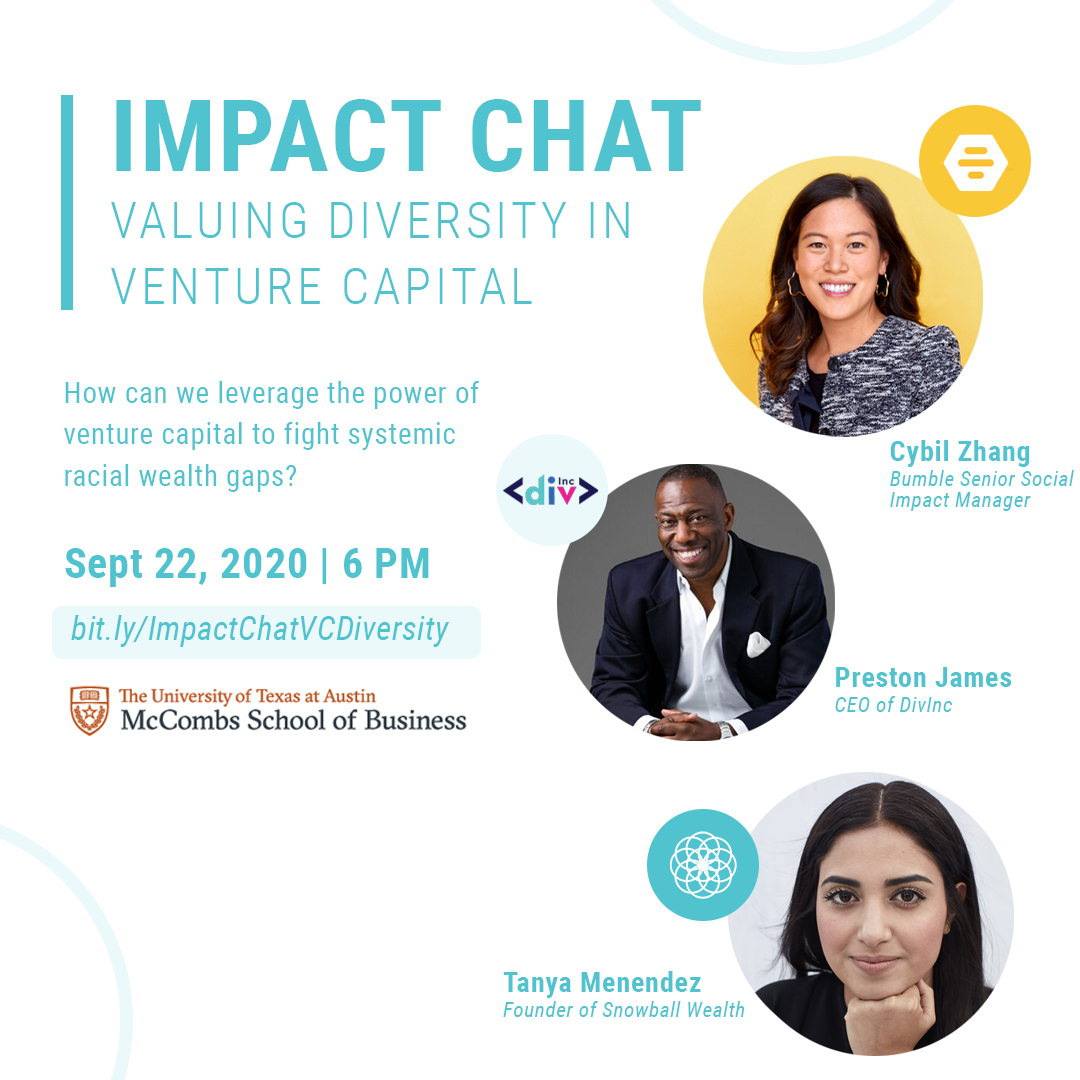 We can't wait to see you at tonight's interactive Impact Chat on Valuing Diversity and Inclusion in Venture Capital! Not registered? RSVP here! https://t.co/fqlnPtmr6X #WhereProfitsMeetPurpose @UTexasMcCombs @UTAustin @bumble @DivIncatx @asksnowball https://t.co/aiEZZtS2vg