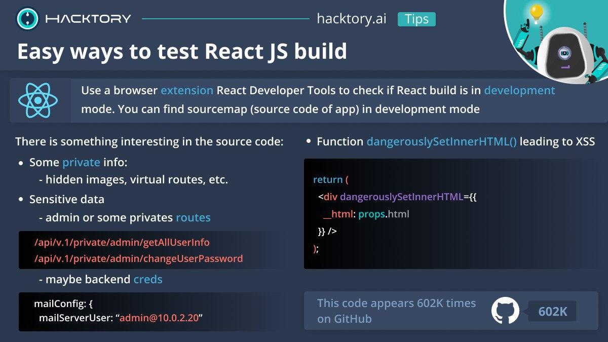 HacktoryAI's tweet photo. Testing React JS. Check out easy ways!
#hacktory_tips #hacktory #bugbounty #bugbountytip #cybersecurity #infosec #reactjs #xss https://t.co/RUlwKdV2XK