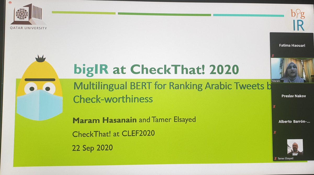 bigIR_group's tweet image. Our team member @MaramHasanain is presenting her work with @tamer_elsayed on detecting Arabic check-worthy tweets. #checkthat2020 #CLEF2020