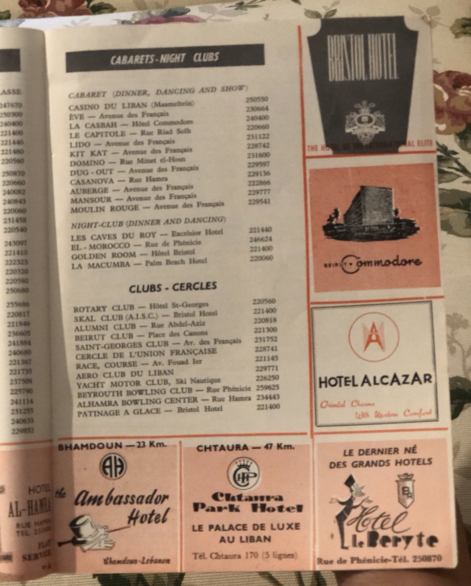 And a list of nightclubs including Kit Kat, Casanova, Moulin Rouge and La Casbah:“In Beirut one finds a large number of international clubs in addition to numerous local sporting and musical clubs” (sadly not much else is written on night/musical clubs)