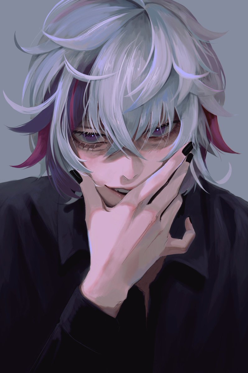 1boy male focus solo black nails purple eyes white hair streaked hair  illustration images