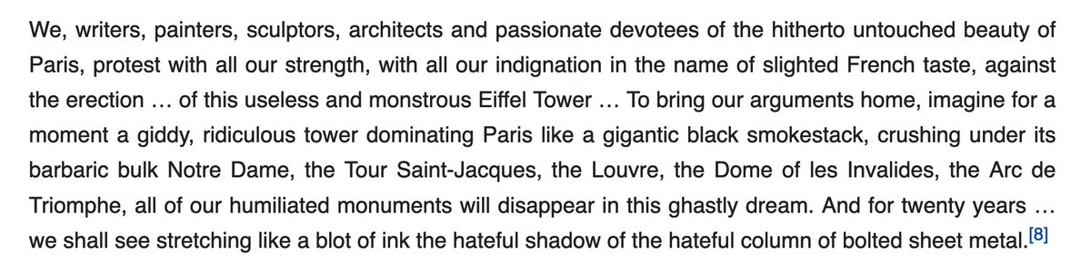 davidlenehan's tweet image. A petition called &quot;Artists against the Eiffel Tower&quot; published in 1887 en.wikipedia.org/wiki/Eiffel_To…