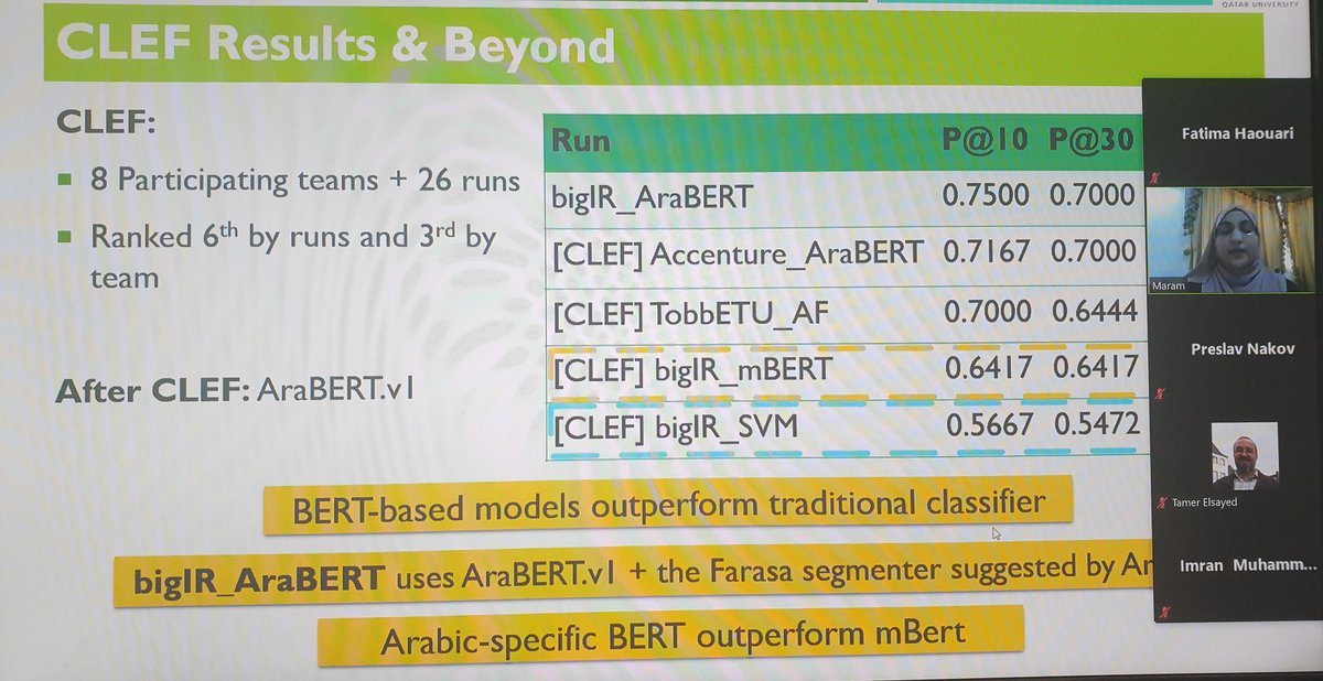 bigIR_group's tweet image. After using the multilingual BERT to participate in the #checkthat2020 lab @MaramHasanain further investigated using AraBERT for the task and she achieved better results than the top team. #CLEF2020