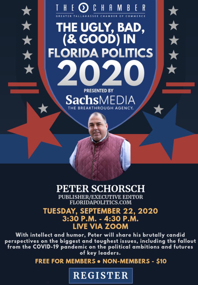 Peter Schorsch (@peterschorschfl) on Twitter photo Telling it like it is!
Join me TODAY for a no-holds-barred conversation on the good 👍 bad 👎 and downright ugly 😱 in #FlaPol for 2020 … and beyond.
Live Zoom meeting by <a href="/TalChamber/">Tallahassee Chamber of Commerce</a> & <a href="/SachsMediaGrp/">Sachs Media</a> — beginning 3 p.m.
Info/Registration 👇
ow.ly/3Pdq50BxNp2 Telling it like it is!
Join me TODAY for a no-holds-barred conversation on the good 👍 bad 👎 and downright ugly 😱 in #FlaPol for 2020 … and beyond.
Live Zoom meeting by <a href="/TalChamber/">Tallahassee Chamber of Commerce</a> & <a href="/SachsMediaGrp/">Sachs Media</a> — beginning 3 p.m.
Info/Registration 👇
ow.ly/3Pdq50BxNp2