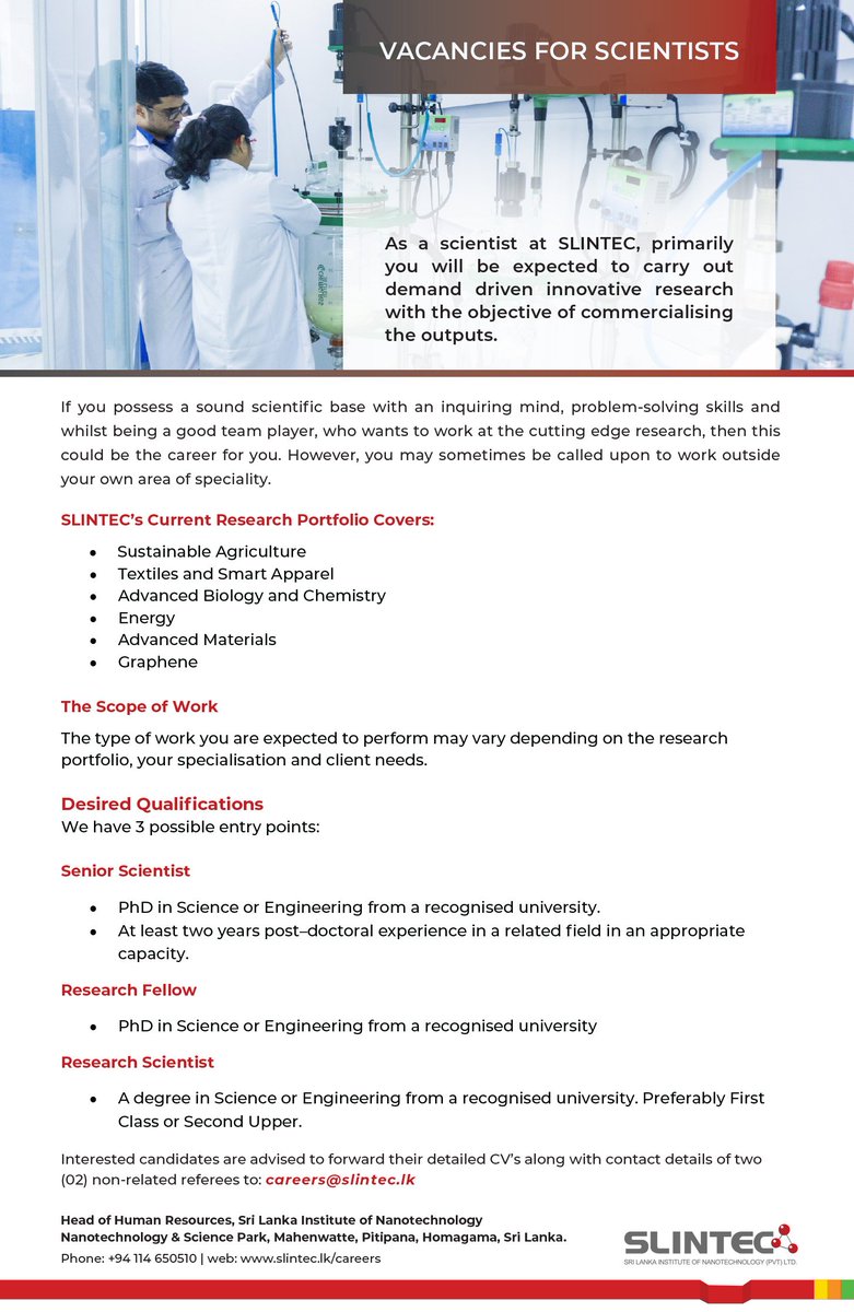 slintec_lk's tweet image. SLINTEC is recruiting Senior Scientists, Research Fellows and Research Scientists.

To apply, please visit SLINTEC Careers page: lnkd.in/eckg5YZ

#slintec #scientists #research #careers #science #recruiting #phdjobs #SriLanka #lka