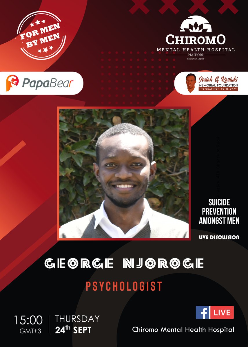 .<a href="/GeorgeWNjoroge/">George W Njoroge</a> is one of our resident psychologists &amp; we're excited to have him onboard our panel talking about #SuicidePrevention amongst men! 

You can catch him and our other panelists here👉🏾zoom.us/webinar/regist…

#MyMentalHealthFirst
