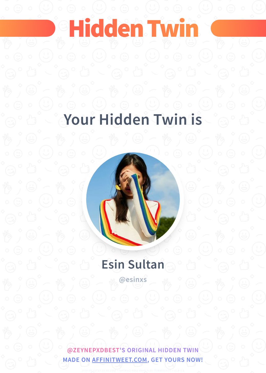 zeynepxdbest's tweet photo. #Affinitweet Hidden Twin
esinxs is my hidden twin 😱
Find out who is yours!
via https://t.co/tdrsfRCB1X https://t.co/lsLKS53k9F