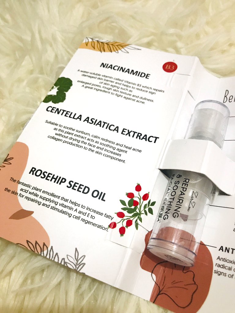 —It claimed as a soothing, repairing and hydrating facial serum which contains main ingredients such as niacinamide, centella asiatica extract and rosehip seed oil 