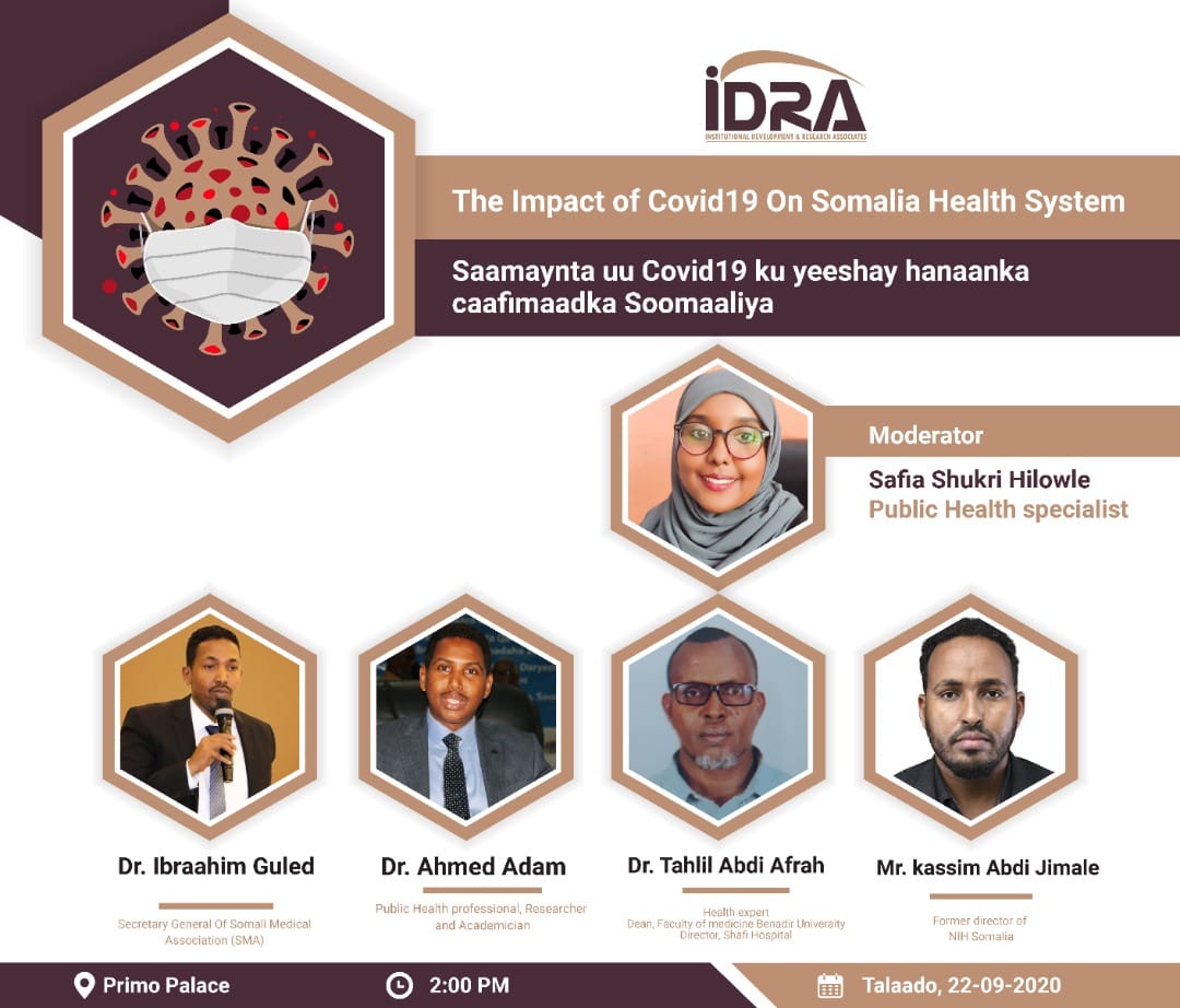 IDRASOM's tweet photo. Panelist-ka ayaa hadda masraxa soo koray, waxa ayna ka doodi doonaan "Saamaynta uu COVID19 ku yeeshay Hanaanka Caafimaadka Soomaaliya". waxaana daadihinaya Safiya Shukri Hilowle https://t.co/CkigEcDXX9