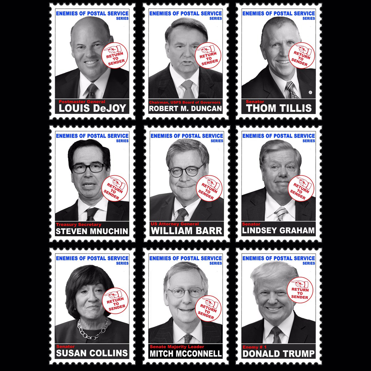 Click on the images to see our new series of stamps: Enemies of the Postal Service. Collect them all. Then throw them in the trash heap of history!  #SaveThePostOffice  #Vote2020   /1