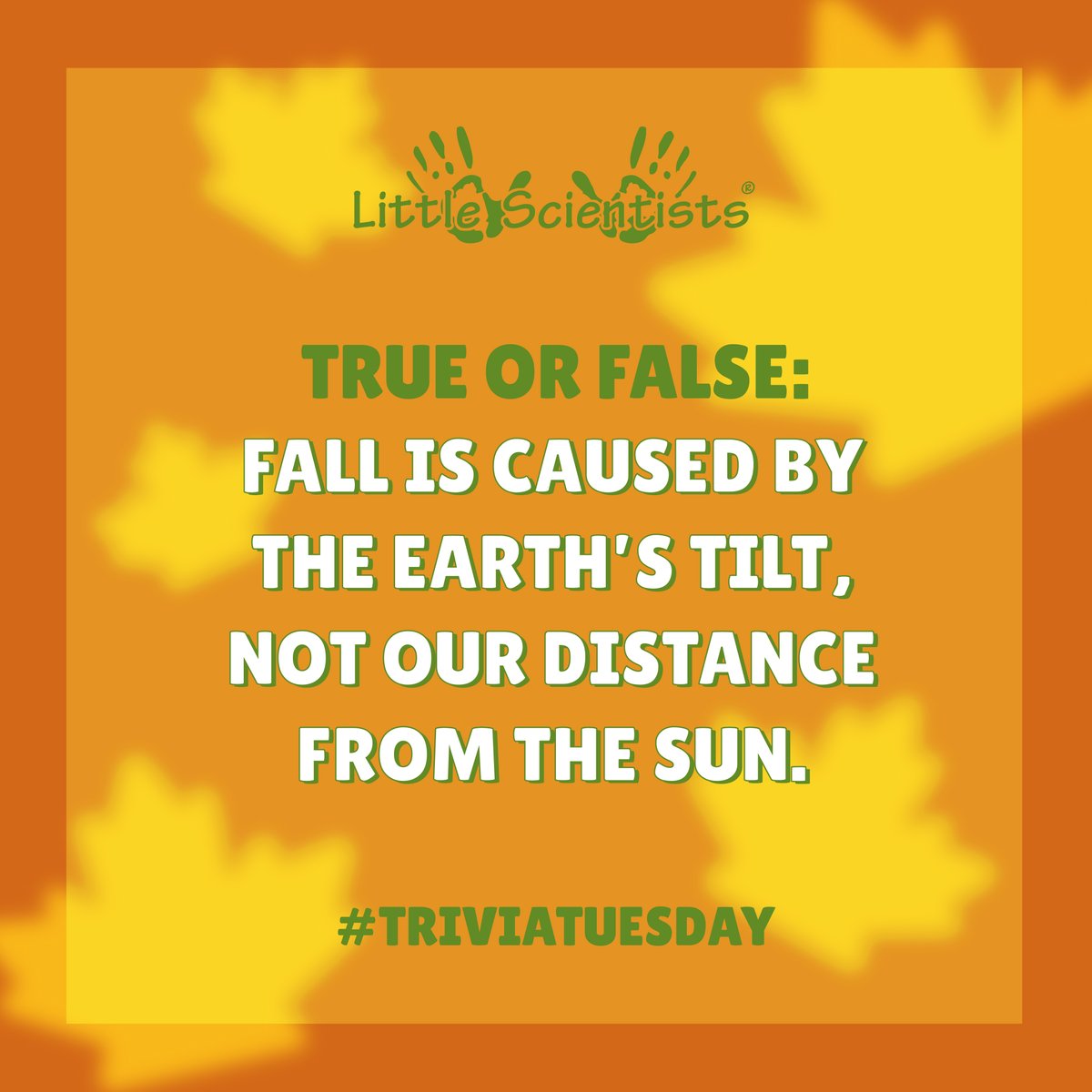 LScientists's tweet photo. 🍂Happy Fall! Today is the first day of the season of #Autumn. Let's celebrate with a little fall-themed #trivia! 
True or False: Fall Is caused by the Earth’s tilt, not our distance from the sun.
Comment with your answer and @ a friend who loves the fall season!🍁 #triviatuesday https://t.co/QfAWKfiFMm