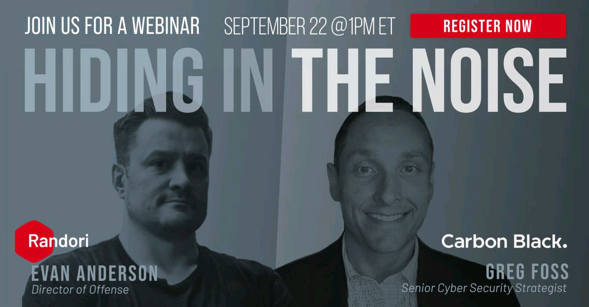 35Foss's tweet photo. If you want to hear @syndrowm and I talk about something other than #RedTeamFit, join us later today for a discussion on how attackers hide and capitalize on your alert fatigue. https://t.co/aLsE9PWO2u @vmw_carbonblack @RandoriAttack https://t.co/Z0xYbKmaG2