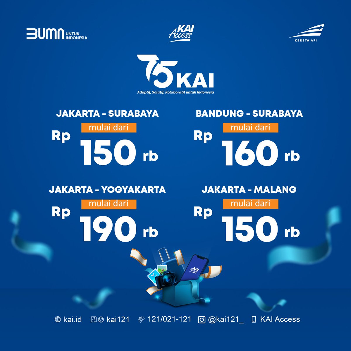KAI121's tweet photo. Mau naik kereta cuma bayar 75% dari harga tiketnya aja? Bisa!

Manfaatkan promo HUT KAI 75 dan dapatkan tiket promo mulai dari Rp.150k, untuk keberangkatan tgl. 28 September 2020.

Pesan sekarang melalui berbagai kanal pemesanan ya.

#PromoHUTKAI75 https://t.co/oG0EyAkx39