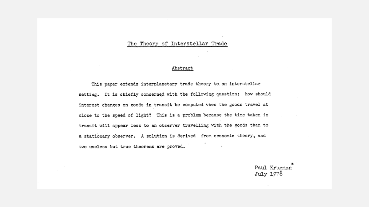 fermatslibrary's tweet photo. "How should interest rates on goods in transit be computed when the goods travel at close to the speed of light? The time taken in transit will appear less to an observer traveling with the goods than to a stationary observer." - Paul Krugman

Great read: https://t.co/3Becd4pqYl https://t.co/Mzv1Ees2Z4
