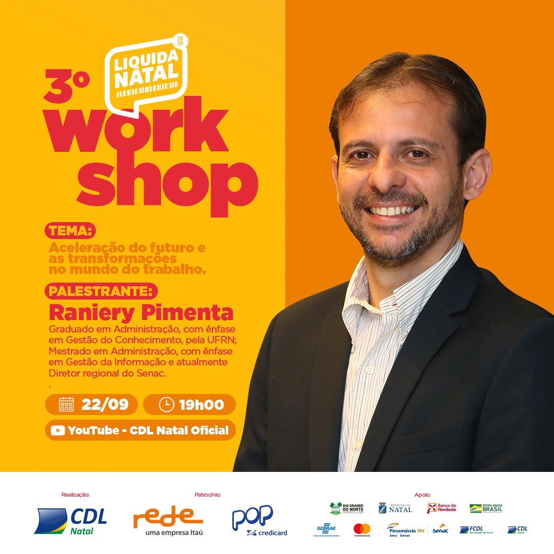 ranierypimenta's tweet photo. #repost @cdlnatal @senacrn 
Hoje, a Liquida Natal estará realizando mais um workshop com o objetivo de aperfeiçoar o desempenho profissional do participante. Teremos como palestrante @ranierypimenta abordando o tema: Aceleração do futuro e as transformações no mundo do trabalho. https://t.co/7njixqUU3t