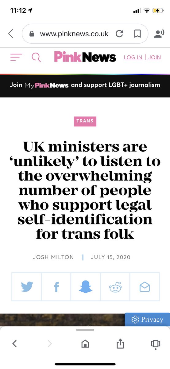 4/ Here’s Pink News preparing its pleady needy readers for the worst news possible ever - Literally- complete with its usual mad exaggeration. Apparently there’s an “overwhelming number” in favour of Self-ID. Yeah in the Pink News gender neutral loos maybe. 