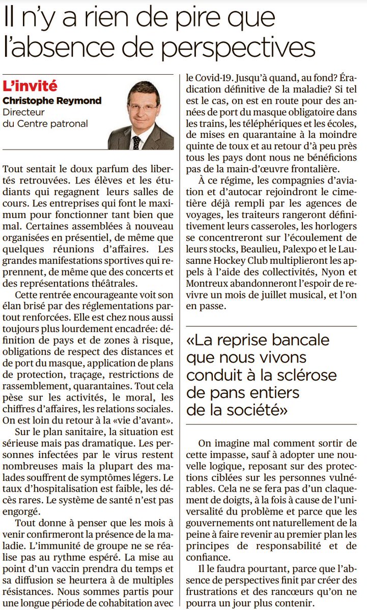 " on est en route pour des années de port du masque obligatoire dans les trains, les téléphériques et les écoles, de mises en quarantaine à la moindre quinte de toux et au retour d’à peu près tous les pays dont nous ne bénéficions pas de la main-d’œuvre frontalière" <a href="/chreymond/">Christophe Reymond</a>