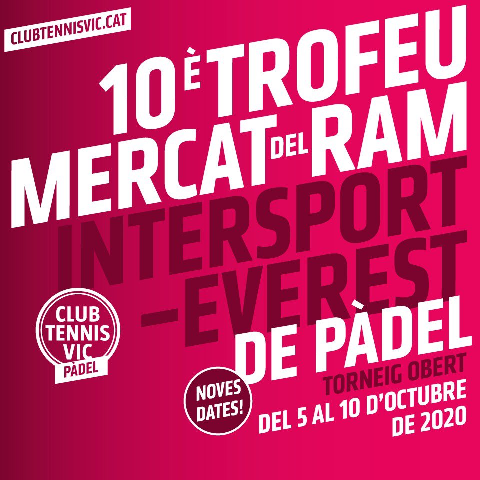 ClubTennisVic's tweet photo. ⚠️ Últimes places per participar al 10è Trofeu Mercat del Ram de #Pàdel - @IntersportVic 🎾🔝. Si vols jugar-hi, no facis tard a inscriure't 📋! #CTVic @HEAD_PADEL
ℹ Més informació a: https://t.co/0APbie7XvR https://t.co/seS6OIdwva