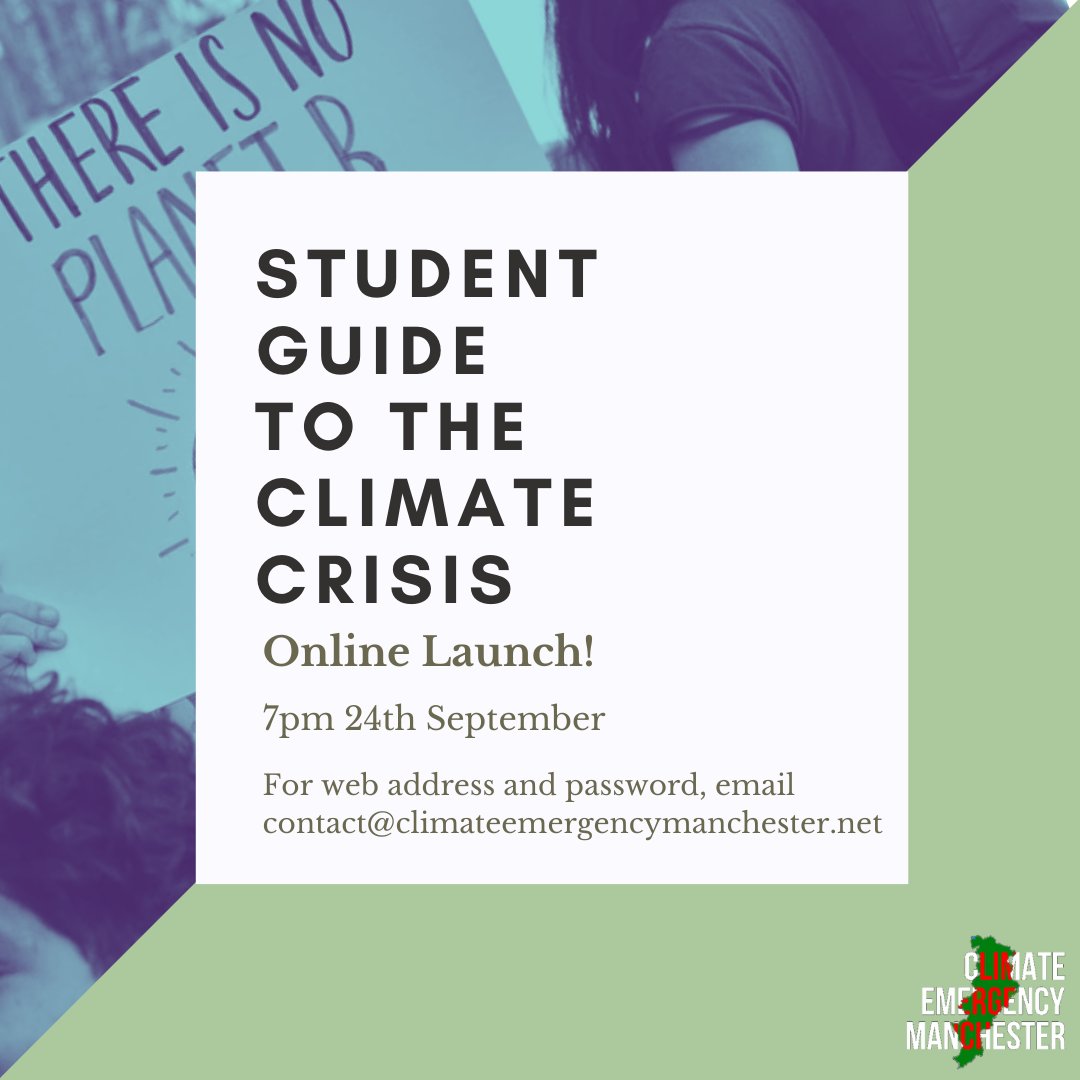 Our #studentclimatehandbook is launching on Thursday!
The launch will feature a brief presentation of the handbook, along with a Q&amp;A with the authors and contributors of the handbook.
For the web address and password, email contact@climateemergencymanchester.net
