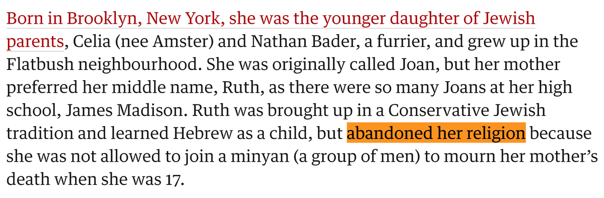 Folks, this Twitter feed gets results! The Guardian has now corrected their Ruth Bader Ginsburg obituary that bizarrely claimed she "abandoned her religion." It's still wrong, as I'll explain, but not it's just wrong within normal parameters.  https://www.theguardian.com/us-news/2020/sep/19/ruth-bader-ginsburg-obituary
