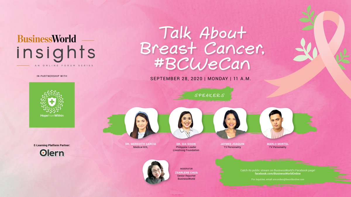 Join us on September 28 @ 11AM as we talk about #BreastCancer #BCWeCan #HopeFromWithin @HopeFromWithin_ @bworldph @giasison @Jaymee_Wins @marlomortel01 @zsazsa_chua @oncologyph