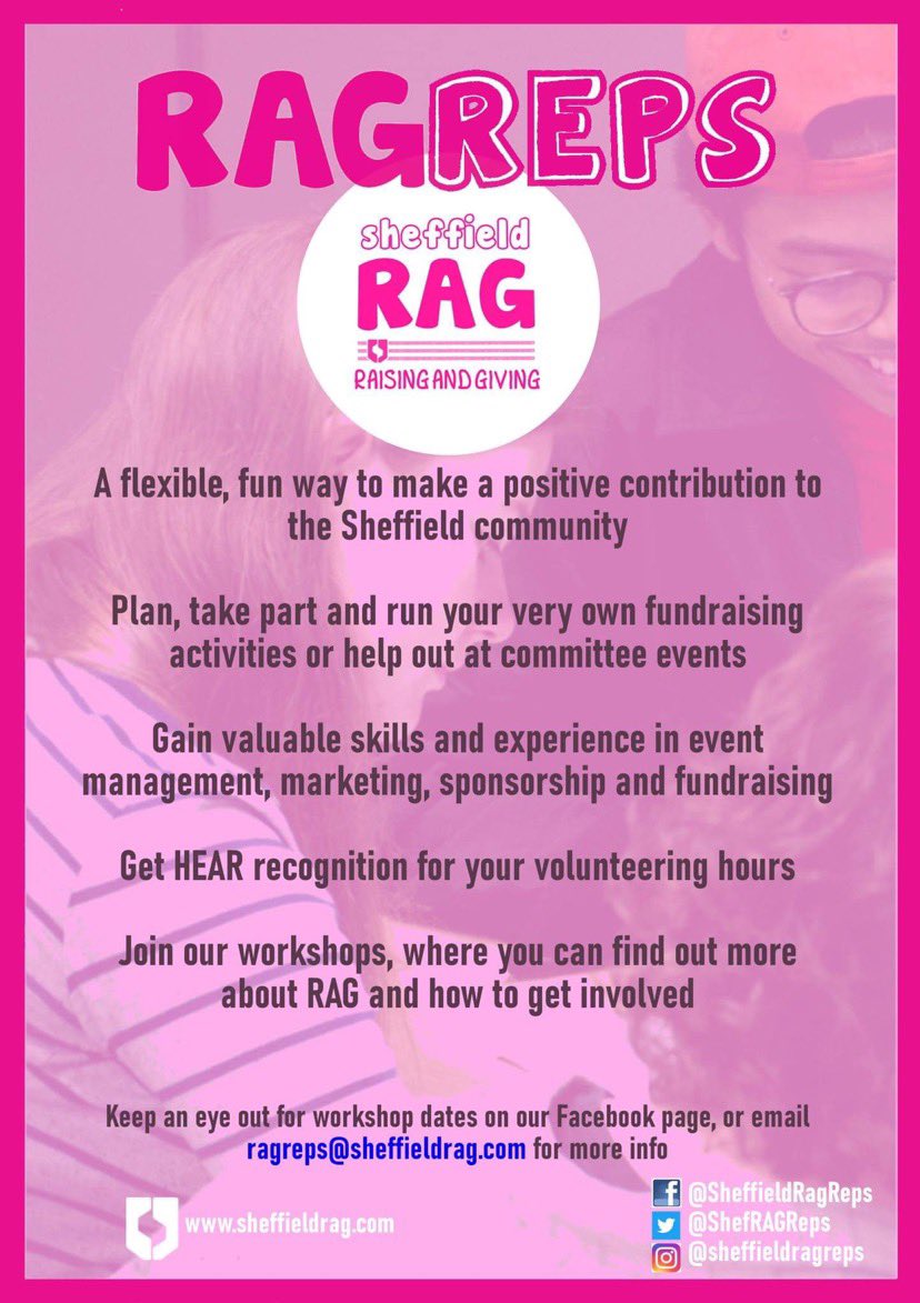 SheffieldRAG's tweet image. Looking to try something new this year?? @sheffieldragreps have got the perfect opportunity for you!

Becoming a RAG Rep is a rewarding experience that allows you to plan your own fundraising events! 

For more info email ragreps@sheffieldrag.ac.uk