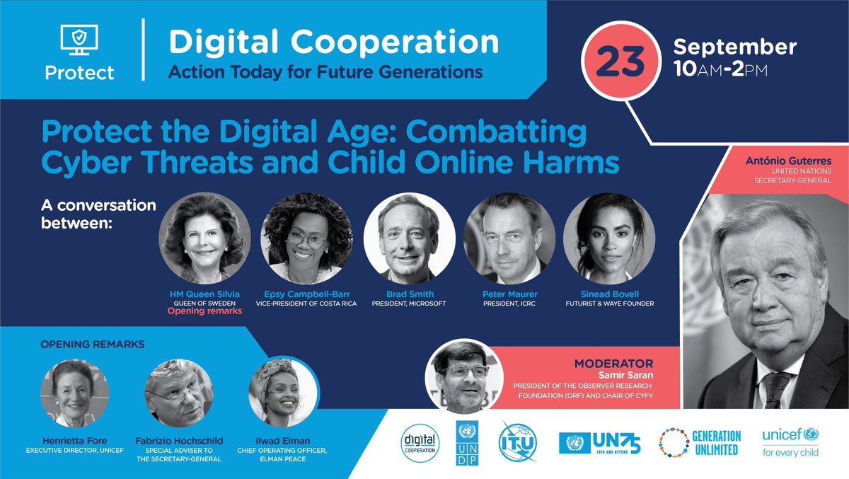 Delighted to moderate this special ‘Protect’ session tomorrow, with Queen Silvia of Sweden, @epsycampbell @BradSmi @PMaurerICRC & @sineadbovell, #DigitalCooperation @UNSGdigicoop 

Do join and engage on this very important issue