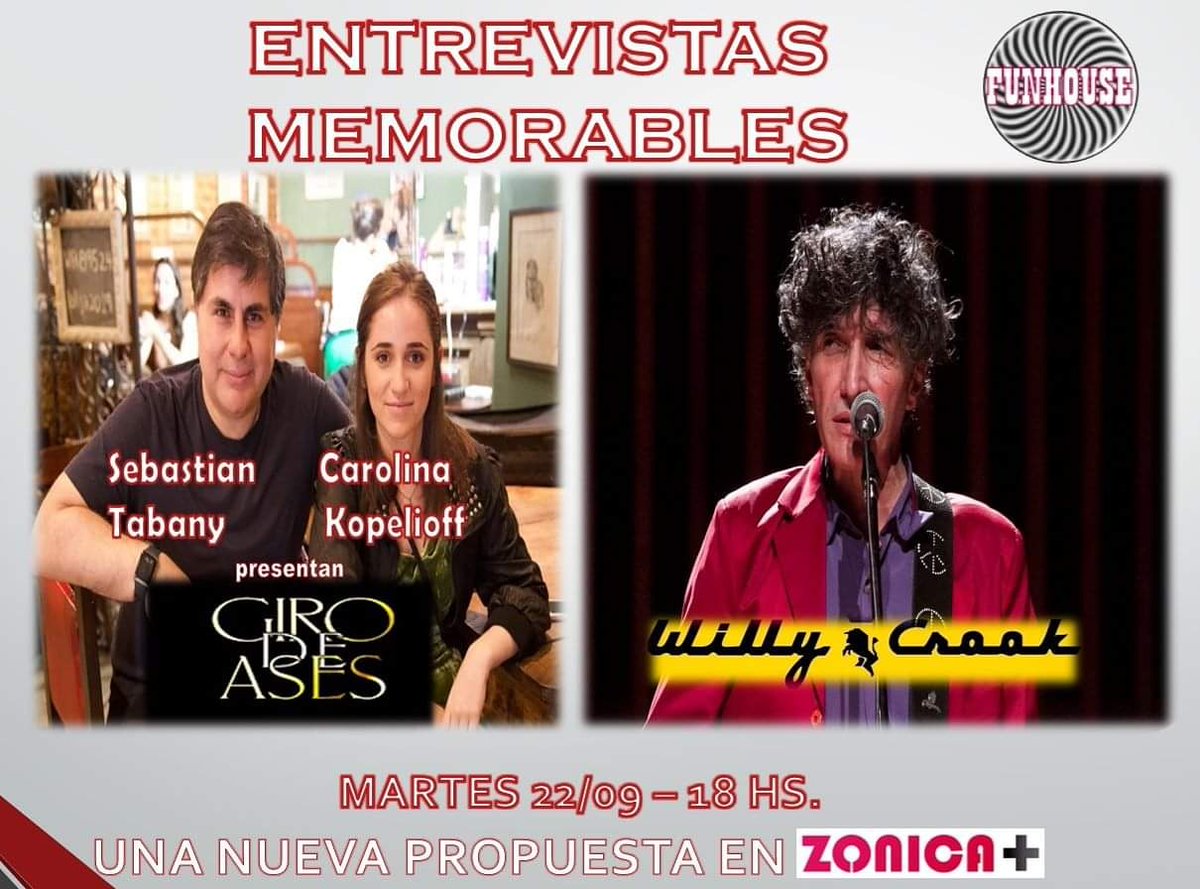 Hoy, en FUNHOUSE, revivimos 2 entrevistas memorables:
Sebastian Tabany y CaroKopelioff nos hablan de su película recién estrenada Giro de Ases y la leyenda viviente Willy Crook
Acordate: FUNHOUSE, martes, 18 hs., por ZONICA+
.
radiozonica.com.ar
.