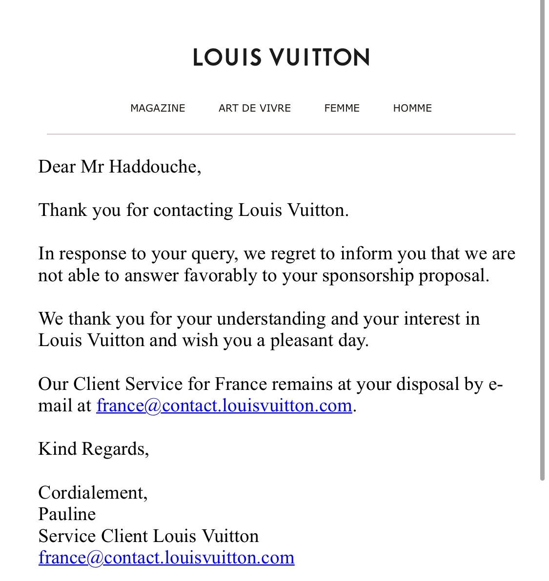 Louis Vuitton Client Service Email