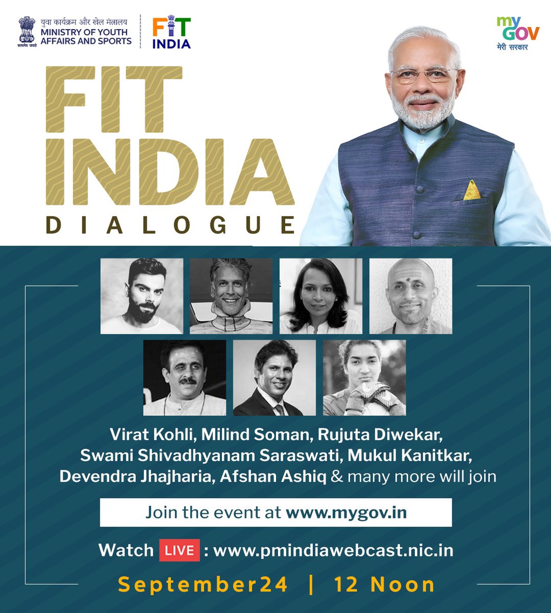 narendramodi's tweet image. Are you already a fitness aficionado? 

Do you intend to make fitness a part of your routine?

Bringing to you, an interesting Fit India Dialogue to discuss aspects related to nutrition, physical health, mental well-being and more...

See you on 24th at 12 noon! #NewIndiaFitIndia