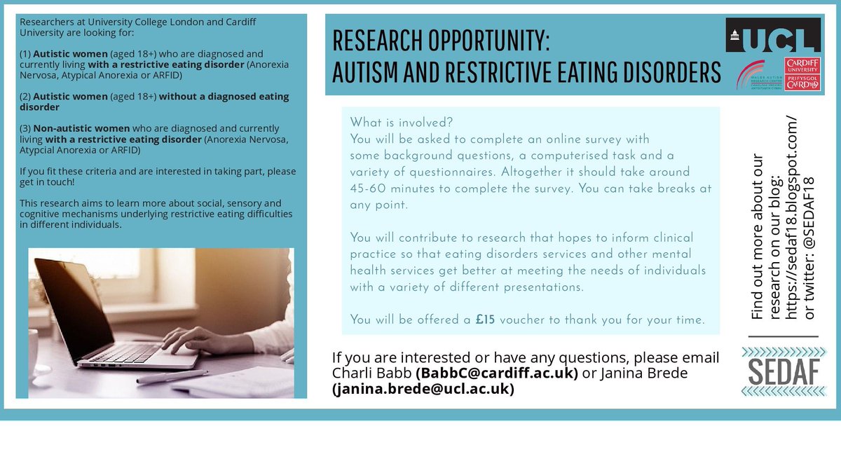 SEDAF (@sedaf18) on Twitter photo We are looking for autistic and non-autistic participants from the UK to complete our online study about eating disorders. Please share, & contact Charli (babbc@cardiff.ac.uk) or Janina (janina.brede@ucl.ac.uk) if interested! More details in advert below #autism #eatingdisorders We are looking for autistic and non-autistic participants from the UK to complete our online study about eating disorders. Please share, & contact Charli (babbc@cardiff.ac.uk) or Janina (janina.brede@ucl.ac.uk) if interested! More details in advert below #autism #eatingdisorders