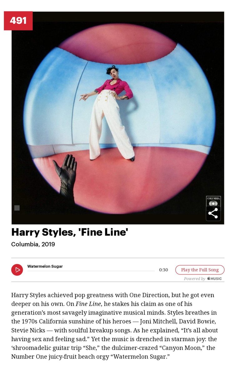 “Fine Line” is #12 on the Billboard 200 chart on its 40th week, has been charting in the top 20 for over 9 months. The album is also the SECOND best selling album on vinyl this week in the USA. It was named the 491st best album of ALL TIME by the Rolling Stone.