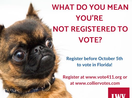 Doggone it, register to vote!
#LWVCollier, #RegisterCollier,
 
@NAACP,
@LWVFlorida,
@WhenWeAllVote,
@StandByYourMail,
@RockTheVote,
@CommonCauseFL,