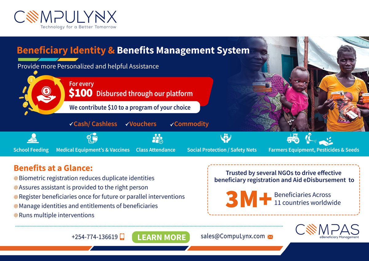 CompulynxLtd's tweet photo. Wondering how @CompuLynx #BeneficiaryManagement System Can help your NGO? COMPAS platform offers real-time monitoring of interventions and on-the-spot management flexibility enabling you to make timely informed decisions.  Discover How https://t.co/DtZEi0fVHs https://t.co/yJlq3tgNU8