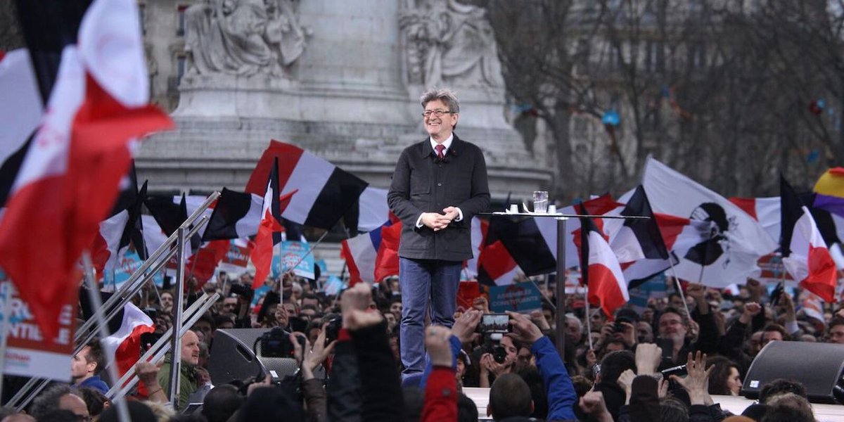 Even today the French hard left is proud of its flag and is unapologetically patriotic. That's Jean Luc Melenchon in Paris in 2017 during a presidential campaign rally. 80,000 people turned up.