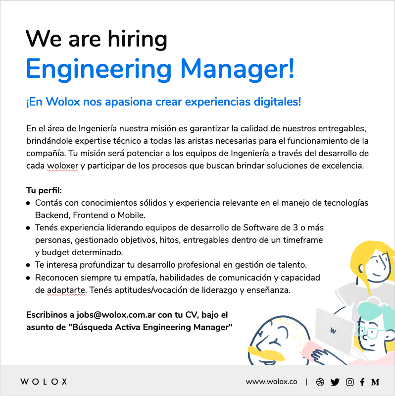 guidomb's tweet photo. ¡En Wolox seguimos creciendo! Por eso buscamos perfiles de Engineering Managers para sumar en nuestro equipo de Ingeniería en #Argentina y #Colombia.

Escribinos a jobs@wolox.com.ar con tu CV, indicando en el asunto "Búsqueda Activa Engineering Manager". https://t.co/g6IPHriMPw